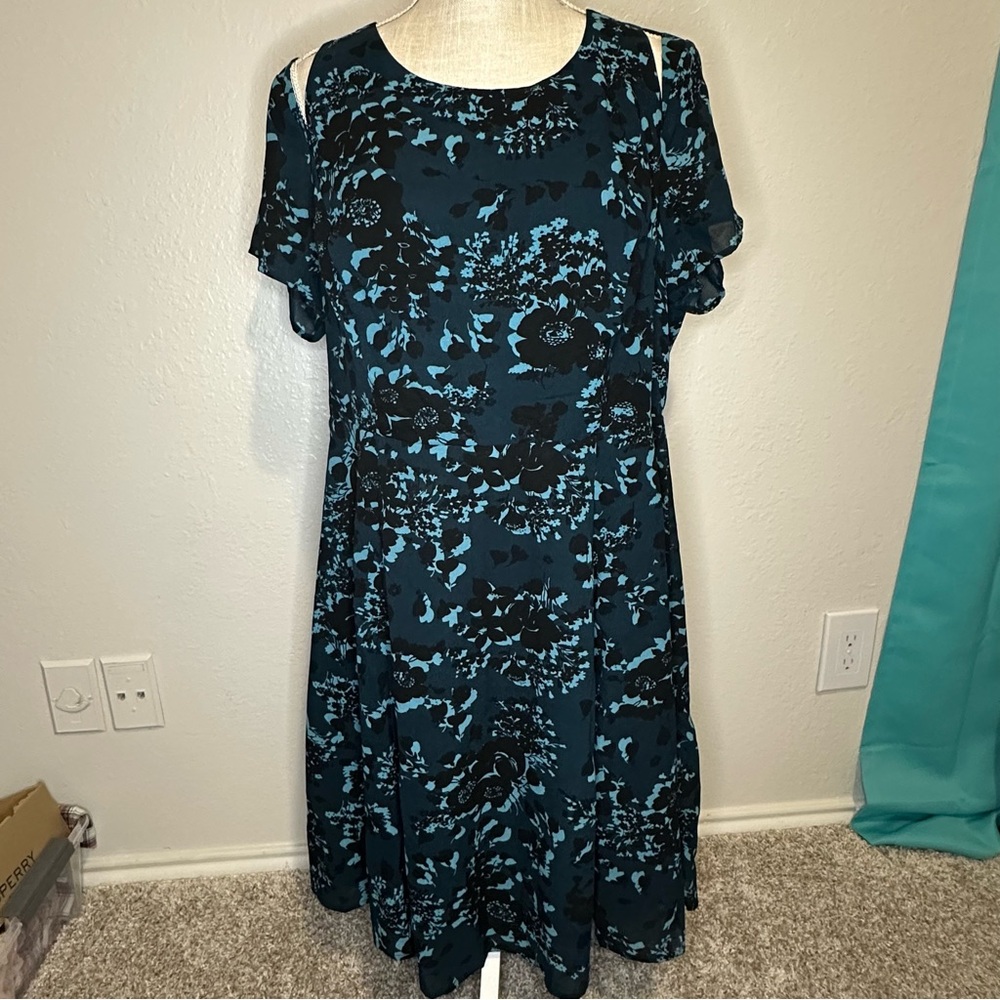 Teal and Black Floral Dress, Size 16